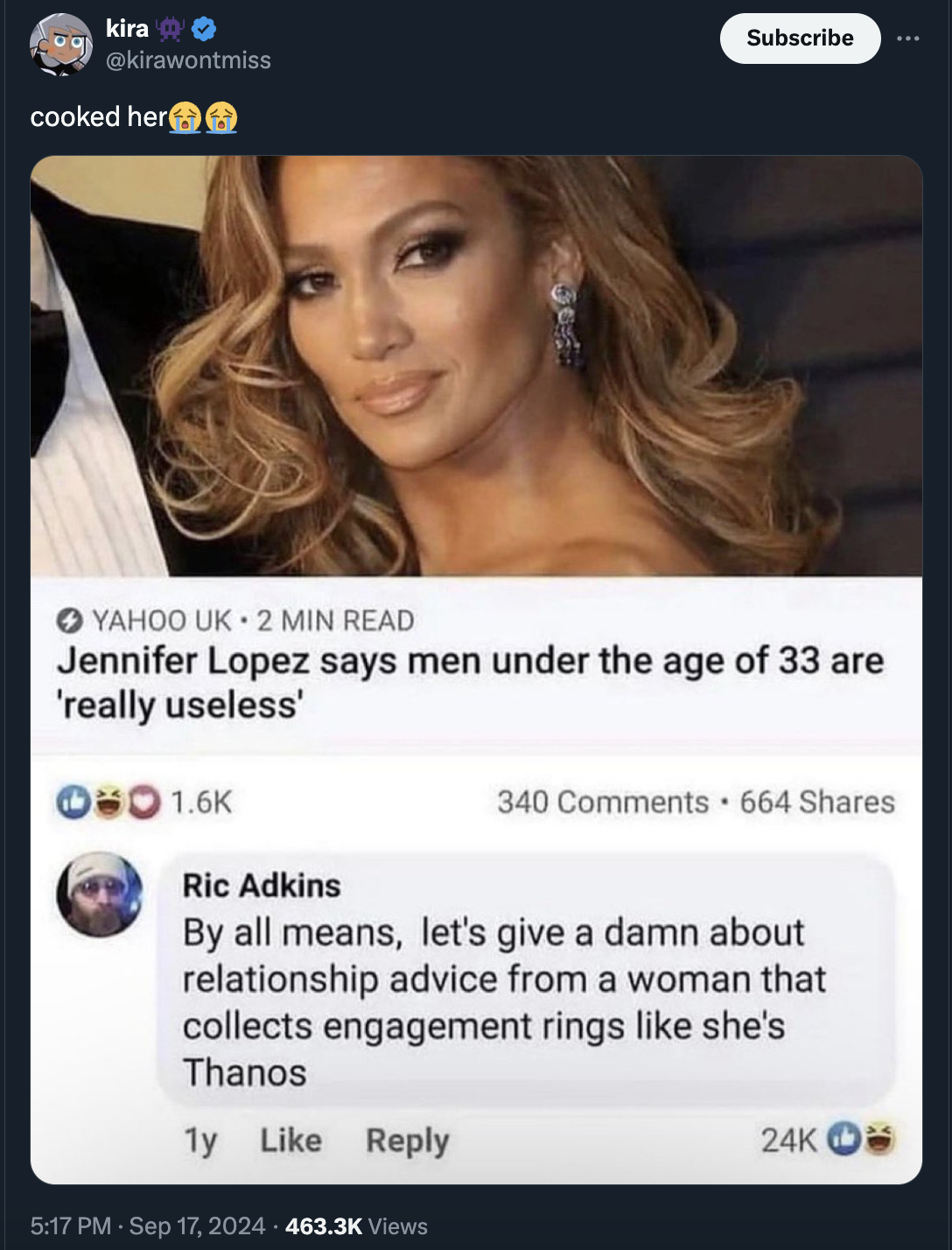 jennifer lopez memes - kira cooked her Subscribe Yahoo Uk. 2 Min Read Jennifer Lopez says men under the age of 33 are 'really useless' Ric Adkins 340 664 By all means, let's give a damn about relationship advice from a woman that collects engagement rings